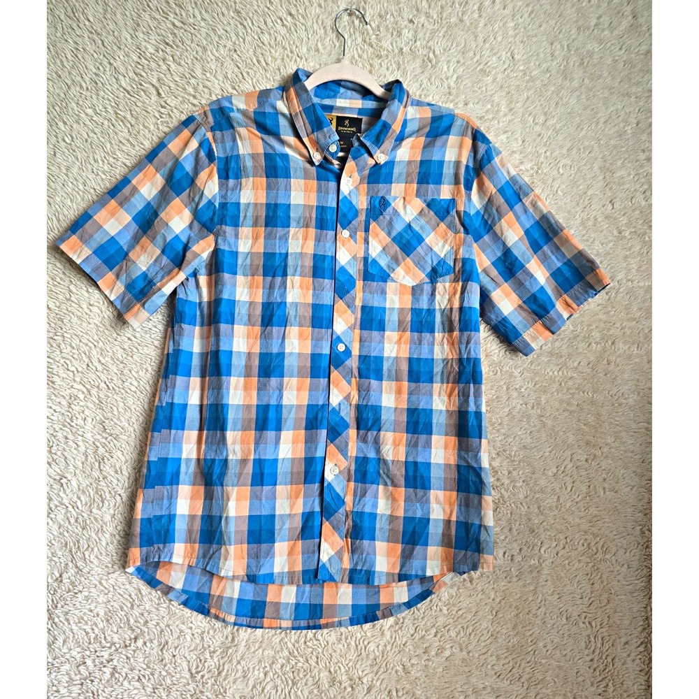 Browning Mens M Blue Orange White Plaid Short Sleeve Button-Down Shirt Pockets